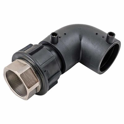 PE100 90° Electrofusion Transition Elbow | Brass Female BSPP Thread | 4mm Auto Pin | Water PN16 / Gas 10 Bar | Hexagon Insert for Metallic Service-Line Tie-Ins, Imperial Adapters DN25-63