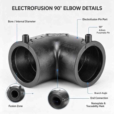 PE100 Electrofusion 90° Elbow DN20-250mm | 4.0mm Fusamatic Auto Pin | PN16 Water / 10 Bar Gas | Leak-Free Welded Directional Bends for Gas, Water, Mining & Irrigation Pipelines