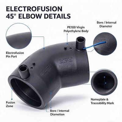 45° Electrofusion Elbow PE100 DN32-250 | 4.0mm Fusamatic Auto Pin | Water PN16 / Gas 10 Bar | Gentle-Angle Welded Bends Minimizing Flow Resistance in Water, Gas & Irrigation Lines