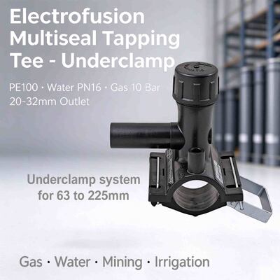 PE100 Electrofusion Multiseal Tapping Tee Underclamp DN40-225 | 4mm Auto Pin | Water PN16 / Gas 10 Bar | Live-Main Tap-Ins with Tamper-Proof LockCap & Twin O-Ring Leak Protection for Water & Gas