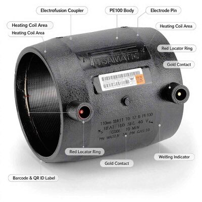 PE100 Electrofusion Coupler DN20-280 | 4.0mm Fusamatic Auto Pin | Water PN16 / Gas 10 Bar | All-Round SDR11-21 Pipe Jointing with Brass & Stainless Adaptor Options for Gas, Water & Wastewater