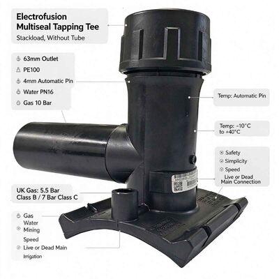 Stackable Electrofusion Tapping Tee | 63mm High-Flow Outlet | 4mm Auto Pin | Water PN16 / Gas 10 Bar | Heavy-Duty Service Branches for PE100 Mains up to DN450 in Gas, Water & Mining