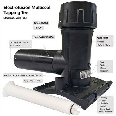 PE100 Electrofusion Multiseal Tapping Saddle | 63mm Outlet with Built-In Cutter Tube | 4mm Auto Pin | Water PN16 / Gas 10 Bar | Instant Live-Main Tapping for DN250-450 Gas, Water & Mining Networks