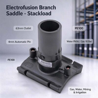Electrofusion Branch Saddle for PE100 Mains | 63mm Outlet | 4mm Auto Pin | Water PN16 / Gas 10 Bar | Bypass, Purging & Off-Take Connections on DN250-450 Gas, Water & Mining Pipelines