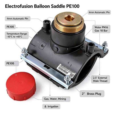 PE100 Electrofusion Balloon Saddle | 2.5" Male Thread for Underpressure Flow-Stopping & Live-Main Drilling | 4mm Auto Pin | Water PN16 / Gas 10 Bar | 2" Brass Plug Seal on DN90-250 Gas & Water Mains
