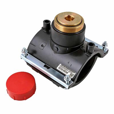 PE100 Electrofusion Balloon Saddle | 2.5" Male Thread for Underpressure Flow-Stopping & Live-Main Drilling | 4mm Auto Pin | Water PN16 / Gas 10 Bar | 2" Brass Plug Seal on DN90-250 Gas & Water Mains