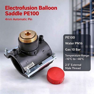 PE100 Electrofusion Balloon Saddle | 2.5" Male Thread for Underpressure Flow-Stopping & Live-Main Drilling | 4mm Auto Pin | Water PN16 / Gas 10 Bar | 2" Brass Plug Seal on DN90-250 Gas & Water Mains