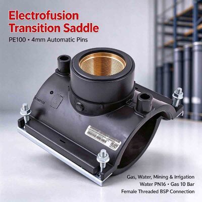 PE100 Electrofusion Transition Saddle | 1.25-2" Female BSP Threads | 4mm Auto Pin | Water PN16 / Gas 10 Bar | Pressure Taps, Imperial Conversion, Sensing & Air-Release Tie-Ins for DN63-250 Mains