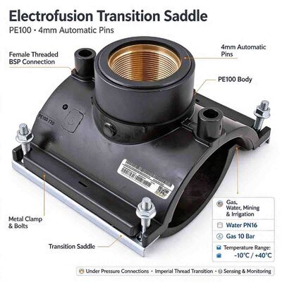 PE100 Electrofusion Transition Saddle | 1.25-2" Female BSP Threads | 4mm Auto Pin | Water PN16 / Gas 10 Bar | Pressure Taps, Imperial Conversion, Sensing & Air-Release Tie-Ins for DN63-250 Mains