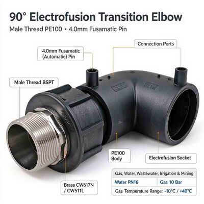 PE100 90° Electrofusion Transition Elbow | 0.75-2" Male BSPT Thread | 4mm Auto Pin | Water PN16 / Gas 10 Bar | Metallic-to-PE Pipe Transition, House Service & Domestic Connections DN25-63