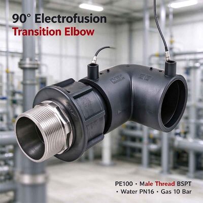 PE100 90° Electrofusion Transition Elbow | 0.75-2" Male BSPT Thread | 4mm Auto Pin | Water PN16 / Gas 10 Bar | Metallic-to-PE Pipe Transition, House Service & Domestic Connections DN25-63
