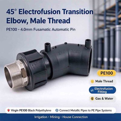 PE100 45° Electrofusion Transition Elbow | Brass Male BSPT Thread | 4mm Auto Pin | Water PN16 / Gas 10 Bar | Low-Pressure-Drop PE-to-Metal Pipe Adapter for Gas & Water Service Lines DN32-63