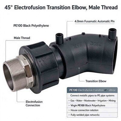 PE100 45° Electrofusion Transition Elbow | Brass Male BSPT Thread | 4mm Auto Pin | Water PN16 / Gas 10 Bar | Low-Pressure-Drop PE-to-Metal Pipe Adapter for Gas & Water Service Lines DN32-63