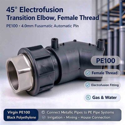 PE100 45° Electrofusion Transition Elbow | Female BSPP Thread | 4mm Auto Pin | Water PN16 / Gas 10 Bar | Metal-to-Plastic Adaptor for Gas Distribution, Water Supply & Imperial Fittings DN32-63