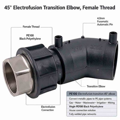 PE100 45° Electrofusion Transition Elbow | Female BSPP Thread | 4mm Auto Pin | Water PN16 / Gas 10 Bar | Metal-to-Plastic Adaptor for Gas Distribution, Water Supply & Imperial Fittings DN32-63