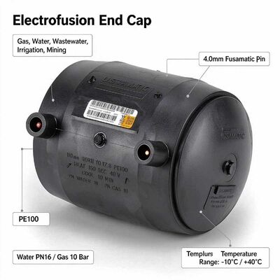 PE100 Electrofusion End Cap | 4mm Automatic Pin | Water PN16 / Gas 10 Bar | Sealed Pipe-End Termination for Gas Distribution, Water Supply, Drainage & Mining Networks | DN20-250
