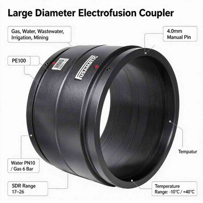 PE100 Large Diameter Electrofusion Coupler | 4mm Manual Pin | SDR 17-26 | Water PN10 / Gas 6 Bar | DN450-630 | Pipe-to-Pipe Repair & Extension for Water Mains, Gas Networks, Sewerage & Mining Lines