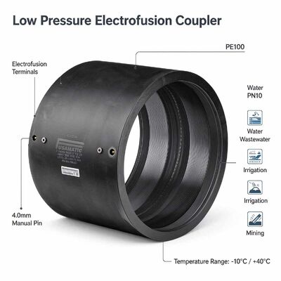 PE100 Low Pressure Electrofusion Coupler | 4mm Manual Pin | Water PN10 | SDR 17-26 Thin-Walled Pipe | DN315-400 | Pipe Joining for Water Distribution, Gravity Sewer & Irrigation Networks