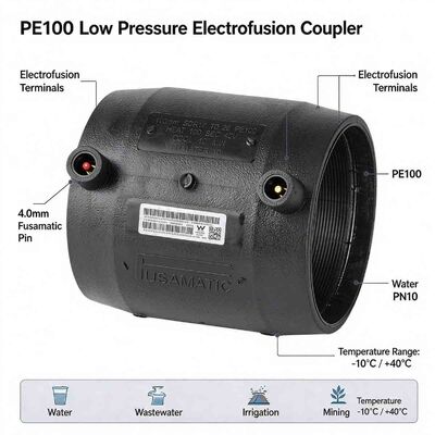 PE100 Low Pressure Electrofusion Coupler | 4mm Automatic Pin | PN10 | SDR17-26 Thin Wall | DN110-280 | Auto-Parameter Welding for Water, Wastewater, Irrigation & Mining Networks