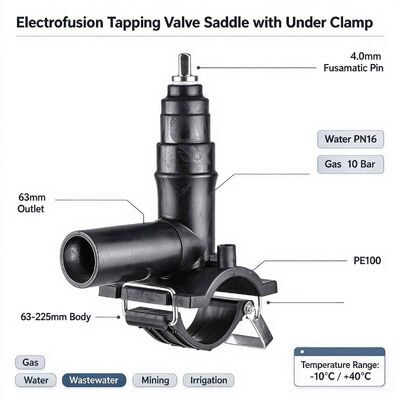 PE100 Tapping Valve Saddle | Under Clamp | 4mm Auto Pin | Brass Isolation Valve & Cutter | Water PN16 / Gas 10 Bar | DN63-225 x 63mm | Live-Main Branching for Gas, Water, Wastewater & Mining