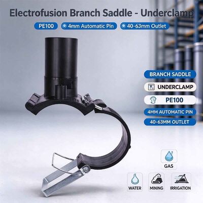 PE100 Branch Saddle | Underclamp | 4mm Auto Pin | Toggle-Clamp Fixing | Water PN16 / Gas 10 Bar | DN63-225 Main x 40-63mm | Bypass, Purging & Off-Take for Gas, Water, Mining & Irrigation Networks