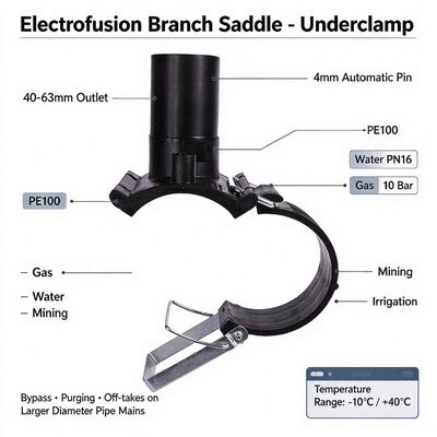 PE100 Branch Saddle | Underclamp | 4mm Auto Pin | Toggle-Clamp Fixing | Water PN16 / Gas 10 Bar | DN63-225 Main x 40-63mm | Bypass, Purging & Off-Take for Gas, Water, Mining & Irrigation Networks
