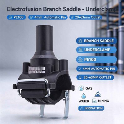PE100 Compact Branch Saddle | Underclamp | 4mm Auto Pin | Small-Bore 20-63mm Outlet | Water PN16 / Gas 10 Bar | DN40-90 Main | Service Connection for Gas, Water, Mining & Irrigation Networks