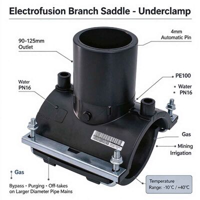 PE100 Heavy-Duty Branch Saddle | Underclamp | 4mm Auto Pin | Large-Bore 90-125mm Outlet | Water PN16 / Gas 10 Bar | DN90-250 Main | High-Flow Branching for Gas, Water, Mining & Irrigation Networks