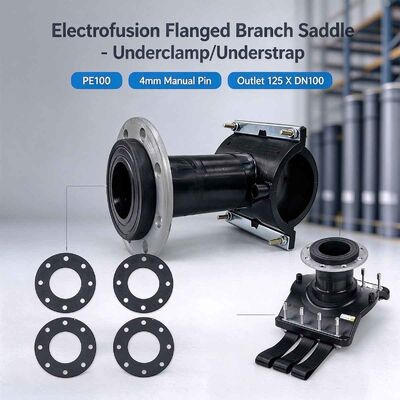 PE100 Flanged Branch Saddle | Underclamp/Understrap | Manual Pin | DN100 Flange Outlet | SDR 11-26 | Water PN16 / Gas 10 Bar | DN225-630 Main | Flanged Branching for Gas, Water, Mining & Irrigation