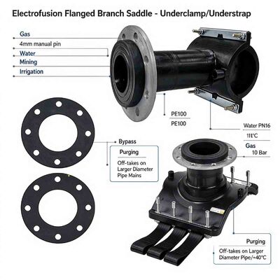 PE100 Flanged Branch Saddle | Underclamp/Understrap | Manual Pin | DN100 Flange Outlet | SDR 11-26 | Water PN16 / Gas 10 Bar | DN225-630 Main | Flanged Branching for Gas, Water, Mining & Irrigation
