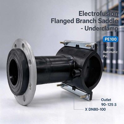 PE100 Automatic-Pin Flanged Branch Saddle | Underclamp | DN80 & DN100 Flange Outlet | Water PN16 / Gas 10 Bar | DN90-250 Main | Auto Welding with Rising Pin Indicator for Gas, Water, Mining