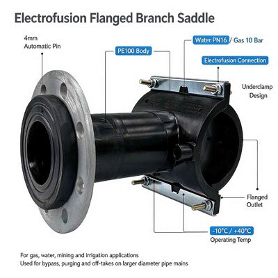 PE100 Automatic-Pin Flanged Branch Saddle | Underclamp | DN80 & DN100 Flange Outlet | Water PN16 / Gas 10 Bar | DN90-250 Main | Auto Welding with Rising Pin Indicator for Gas, Water, Mining