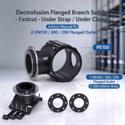 PE100 Fastcut Flanged Branch Saddle | Under Strap/Clamp | Manual Pin | DN150-250 Large Flange Outlet | Water PN16/Gas 10 Bar | DN250-630 Main | Online Tapping for Gas, Water, Wastewater & Mining