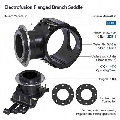 PE100 Fastcut Flanged Branch Saddle | Under Strap/Clamp | Manual Pin | DN150-250 Large Flange Outlet | Water PN16/Gas 10 Bar | DN250-630 Main | Online Tapping for Gas, Water, Wastewater & Mining